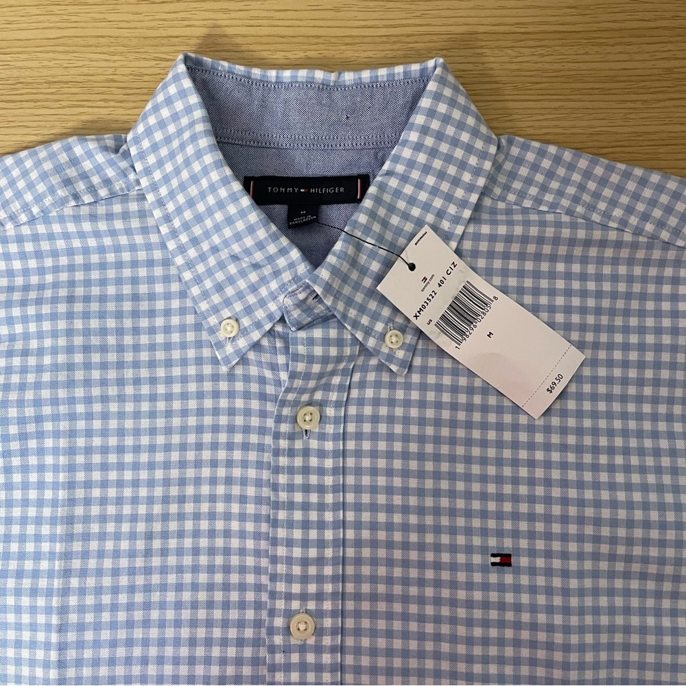 Tommy Hilfiger Button Down Shirt blue white checks plaid‎ cotton stretch M NWT